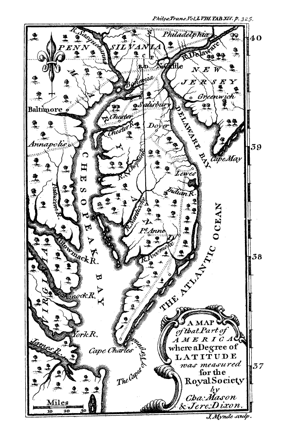 A Map of That Part of America Where a Degree of Latitude Was Measured for the Royal Society by Cha. Mason & Jere. Dixon. From Charles Mason and Jeremiah Dixon, 'Observations for Determining the Length of a Degree of Latitude…', Philosophical Transactions 58, 274-328